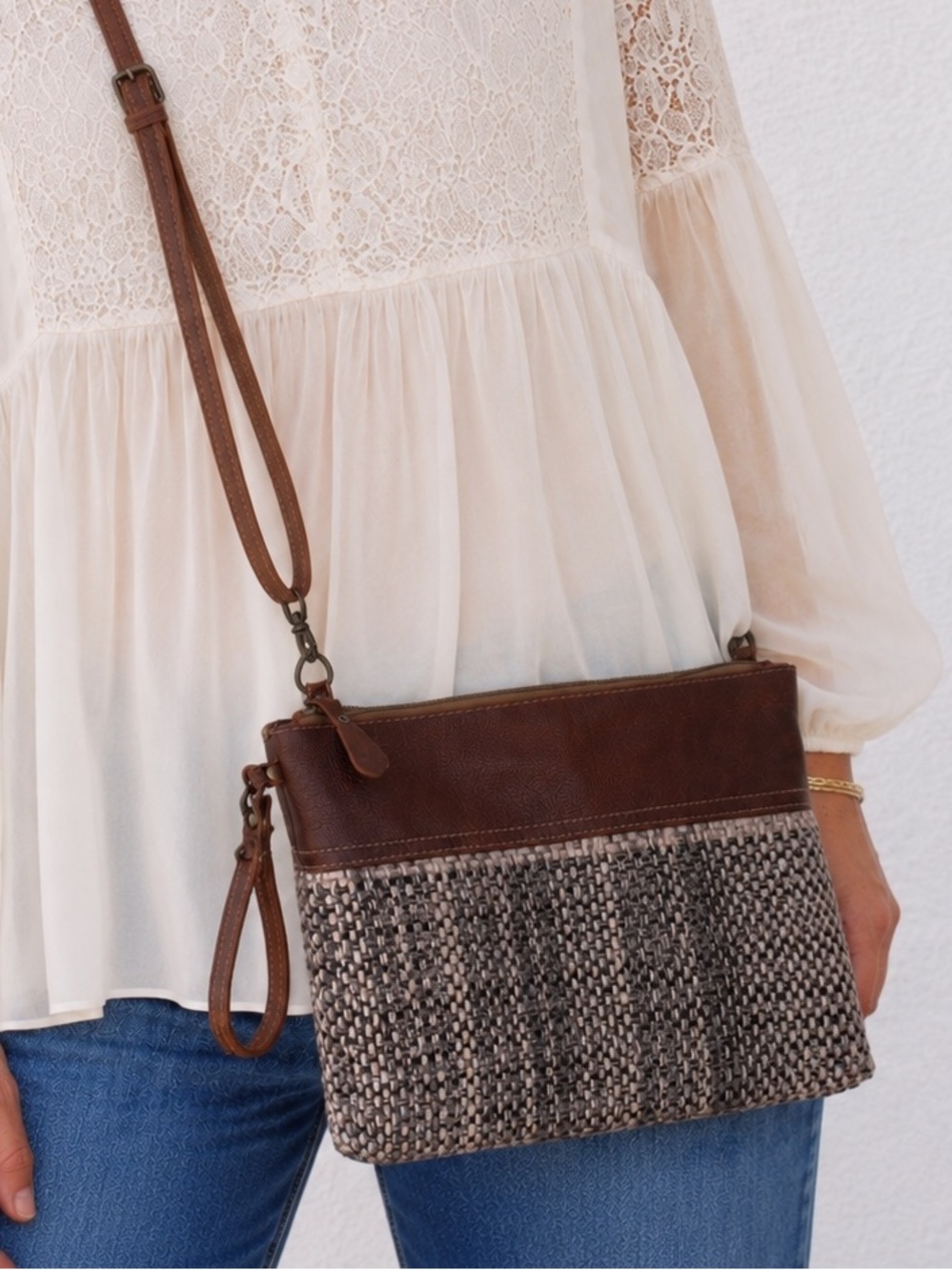 Myra Bag Brown Leather and Gray Tweed Convertible Crossbody Wristlet Bag